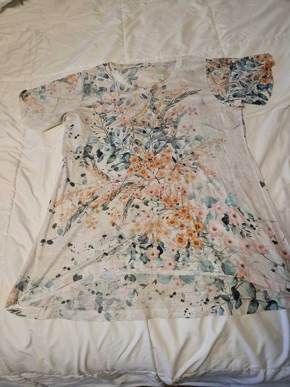 Concepts Floral Top in Soft Cream with Teal & Peach Accents